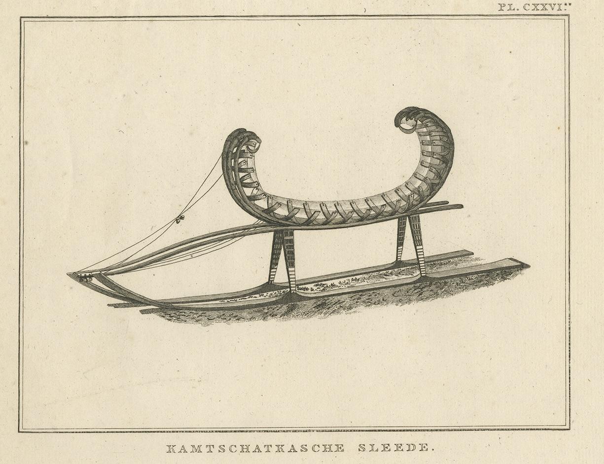 Antique print titled 'Kamtschatkasche Sleede'. This print depicts a Kamchatka Sleigh, most likely used for dog sledding. Originates from 'Reizen Rondom de Waereld door James Cook (..)'. Translated by J.D. Pasteur. Published by Honkoop, Allart en Van