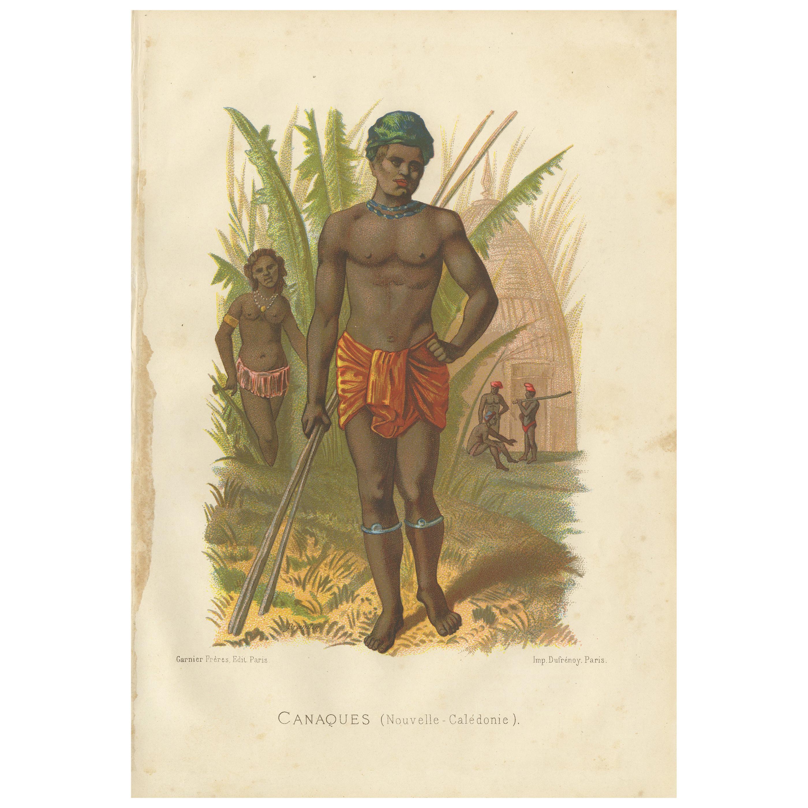 Antique Print of a Kanak Man by Grégoire, 1883 For Sale