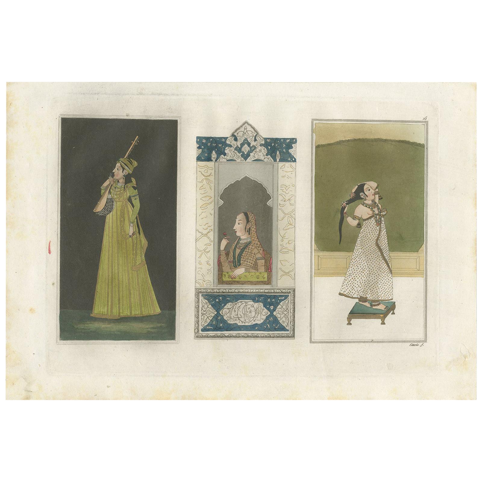 Antique Print of a Kannur Princess and Indian Ladies by Ferrario, '1831'
