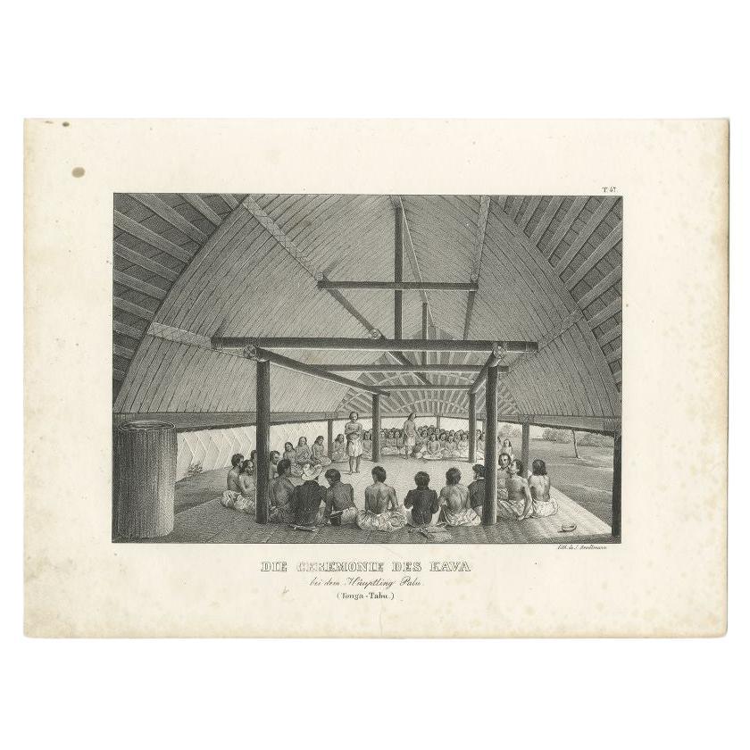 Antique Print of a Kava Ceremony on Tonga Tabu, c.1836 For Sale