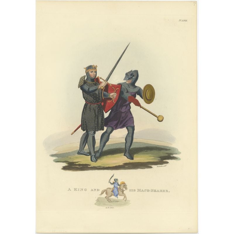 Antiker Druck eines Königs und seines Macebearers in alter, alter Handkolorierung, 1842
