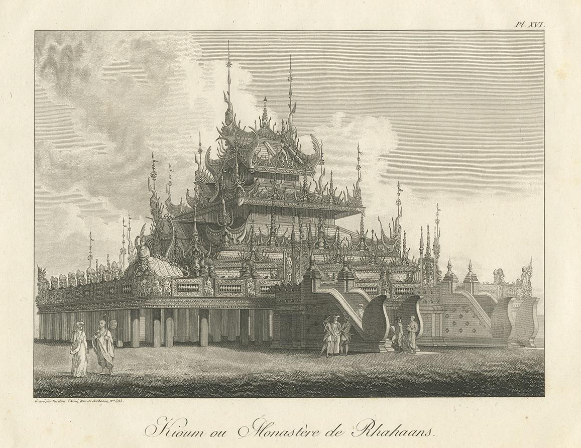 Antique print titled 'Kioum ou Monastère de Rhahaans'. Print of a Kioum or Buddhist monastery in Burma. This print originates from 'Relation de l'Ambassade Anglaise, envoyée en 1795 dans le Royaume d'Ava, ou l'Empire des Birmans' by M. Symes.