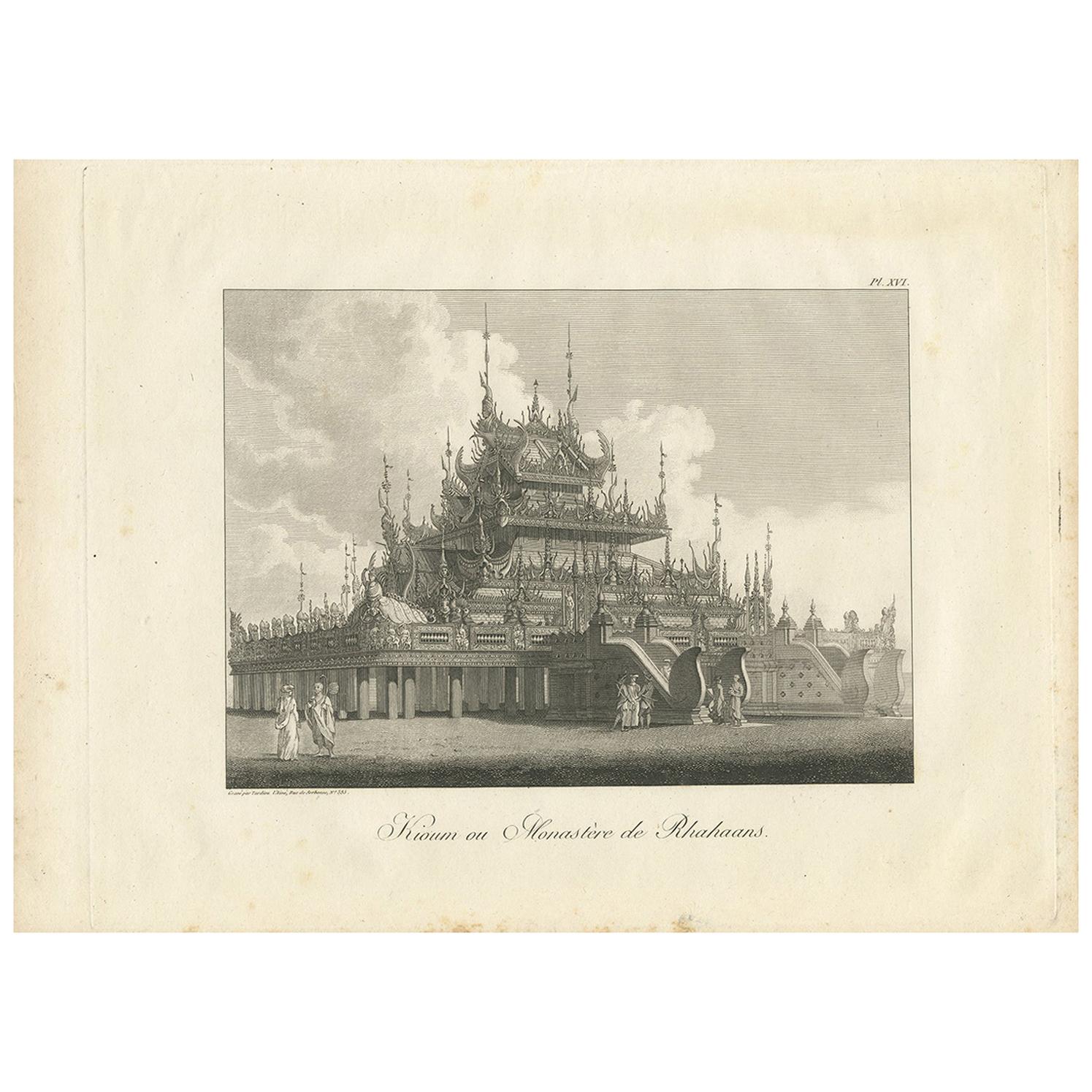 Antique Print of a Kioum or Buddhist Monastery in Burma by Symes '1800' For Sale
