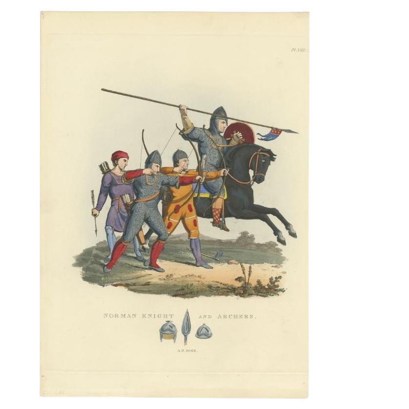 Antique Print of a Knight and Archers in Original Old Hand-Coloring, 1842 For Sale