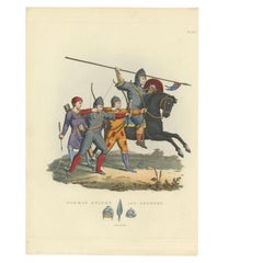 Antiker Druck eines Ritters und eines Bogenschützen in alter Handkolorierung, 1842