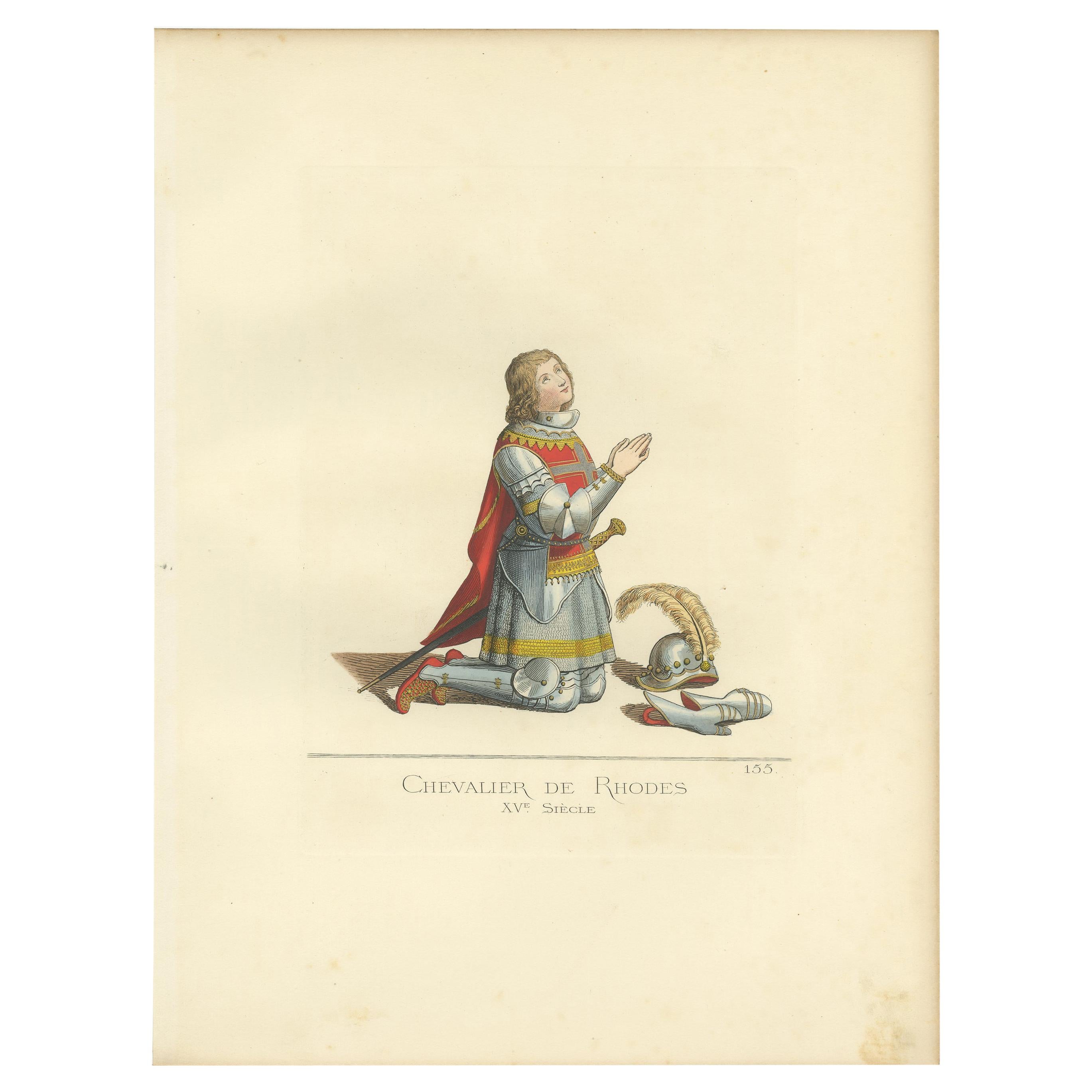 Antiker antiker Druck eines Ritters von Rhodes in militärischem Kostüm, von Bonnard, 1860