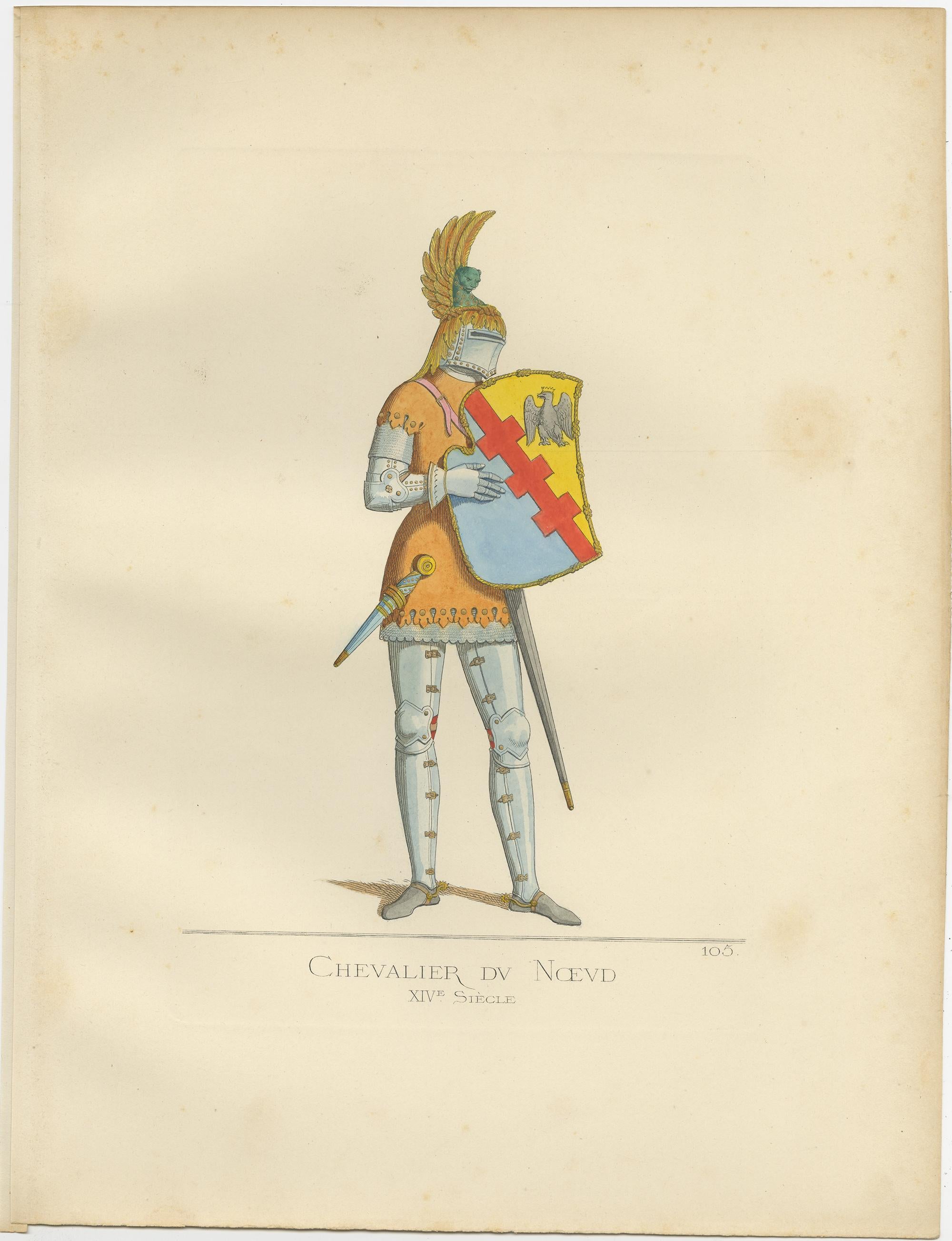 Antique Print of a Knight of the Knot, 14th century, by Bonnard, 1860 In Good Condition For Sale In Langweer, NL