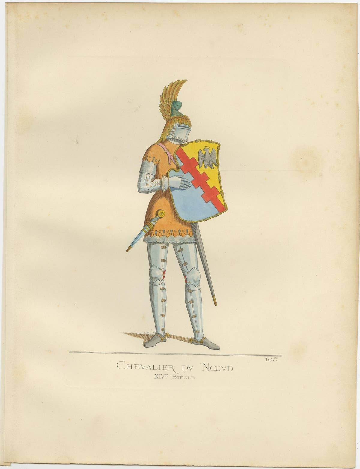 Antique Print of a Knight of the Knot, 14th century, by Bonnard, 1860