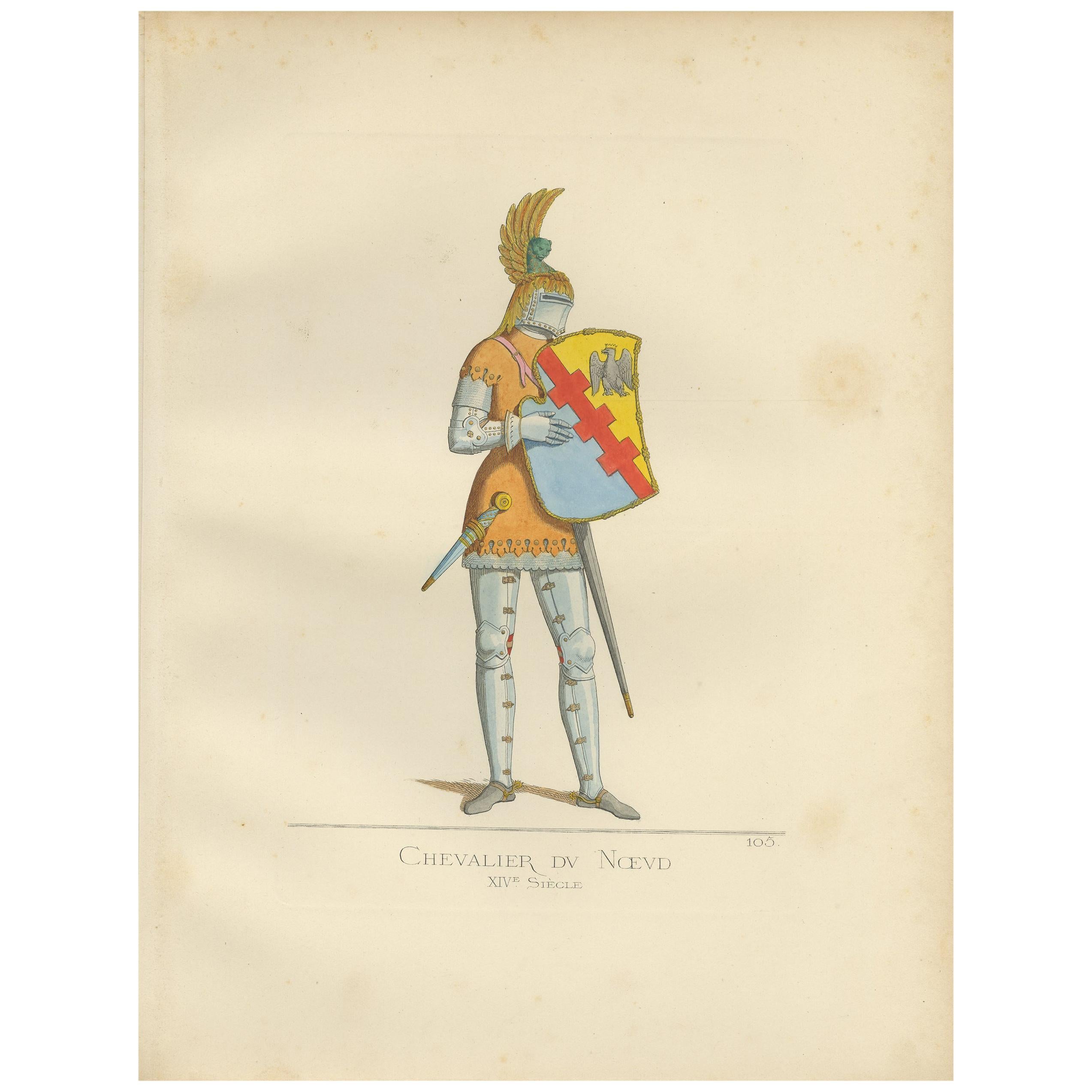 Antique Print of a Knight of the Knot, 14th century, by Bonnard, 1860 For Sale