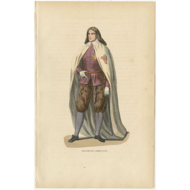 Antique print titled 'Chevalier de l'Ordre d'Avis'. Print of a Knight of the Military Order of Aviz, a Portuguese monastic military order. This print originates from 'Histoire et Costumes des Ordres Religieux'.

Artists and Engravers: Author: Abbé