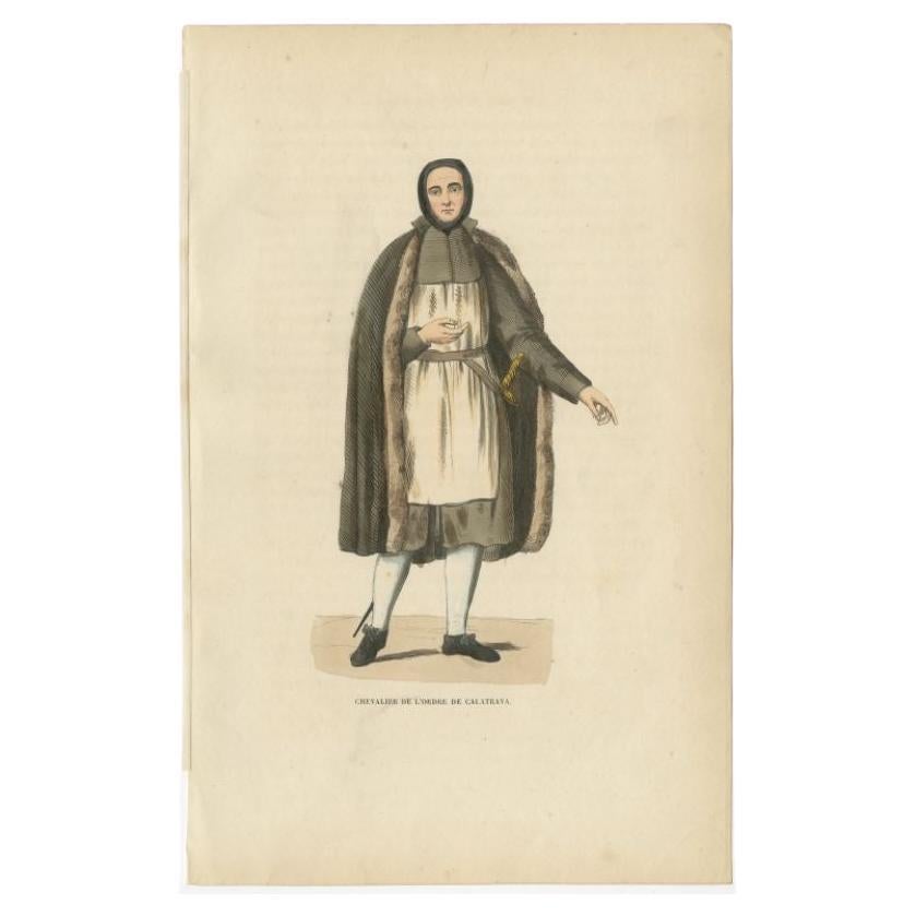 Antique print titled 'Chevalier de l'Ordre de Calatrava'. Print of a Knight of the Order of Calatrava, a Spanish military order. This print originates from 'Histoire et Costumes des Ordres Religieux'.

Artists and Engravers: Author: Abbé Tiron.