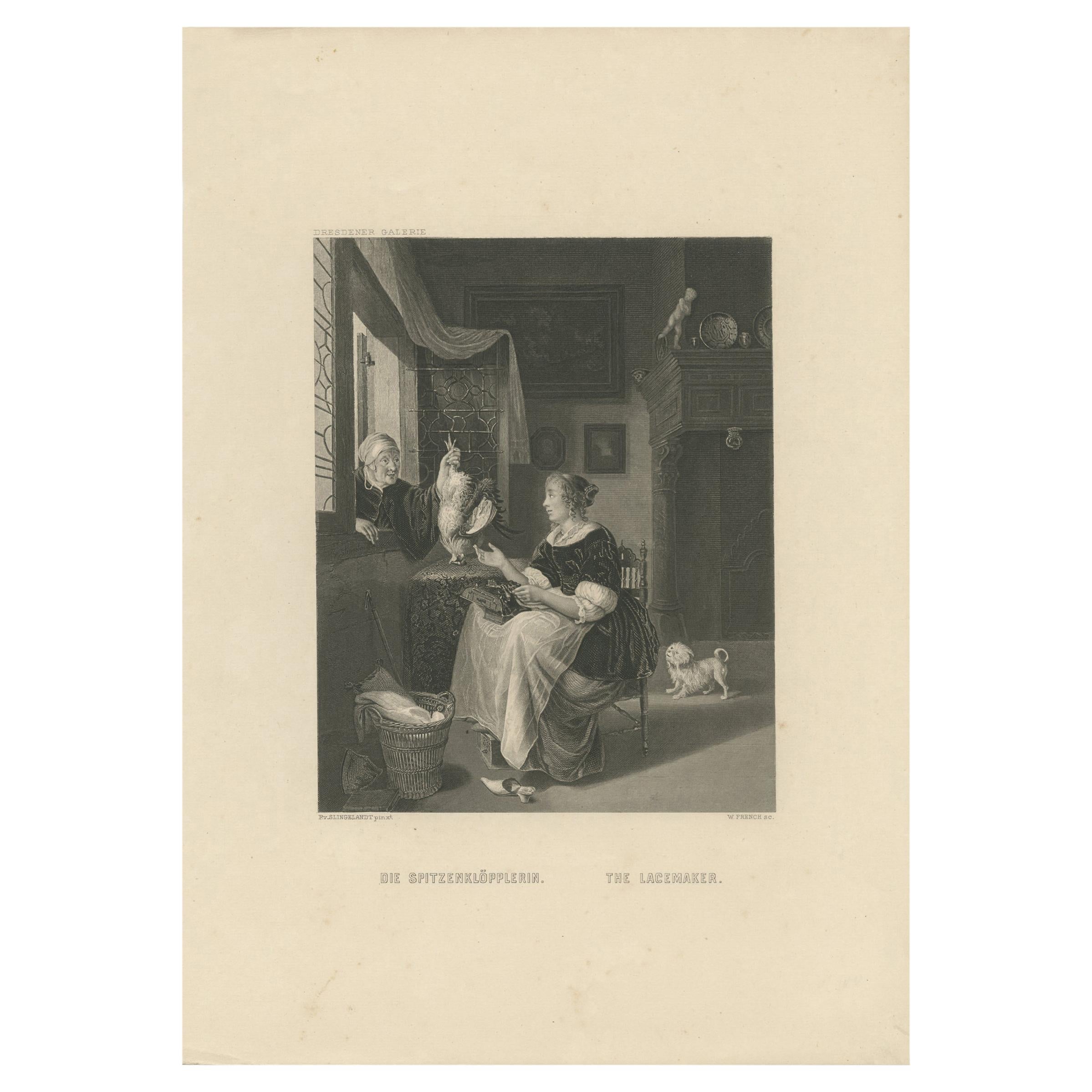 Antique Print of a Lace Maker by French, 'c.1850' For Sale