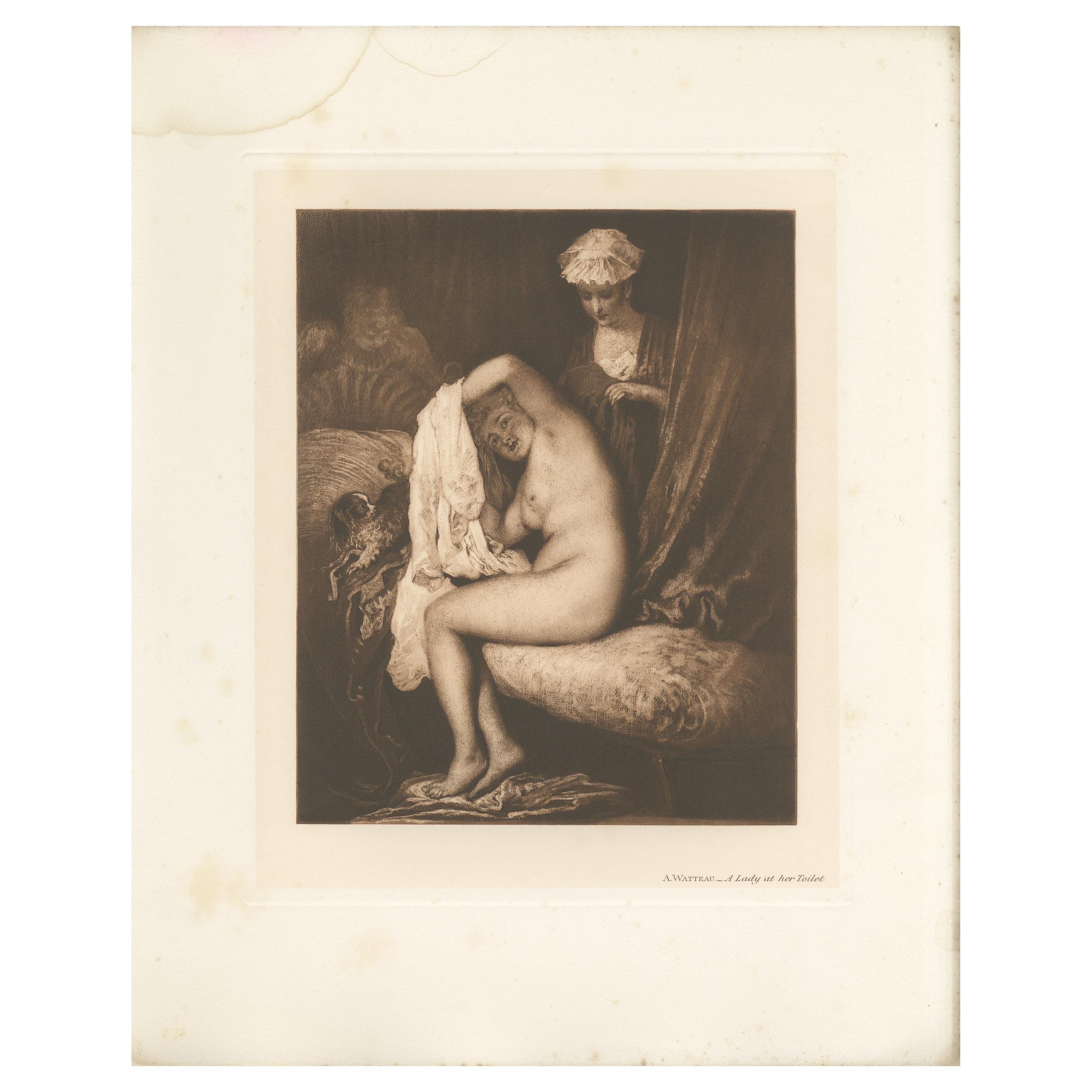 Stampa antica di "Una signora alla toilette" realizzata dopo Watteau nel 1902