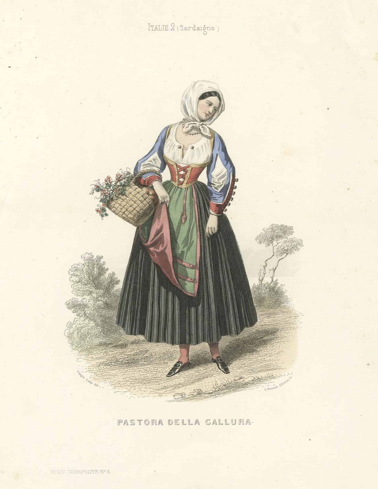 Antique costume print titled 'Pastora della Gallura'. Old print depicting a lady from Gallura, Italy. This print originates from 'Costumes Moderne (Musée de Costumes). 

Artists and Engravers: Published in Paris: Ancienne Maison