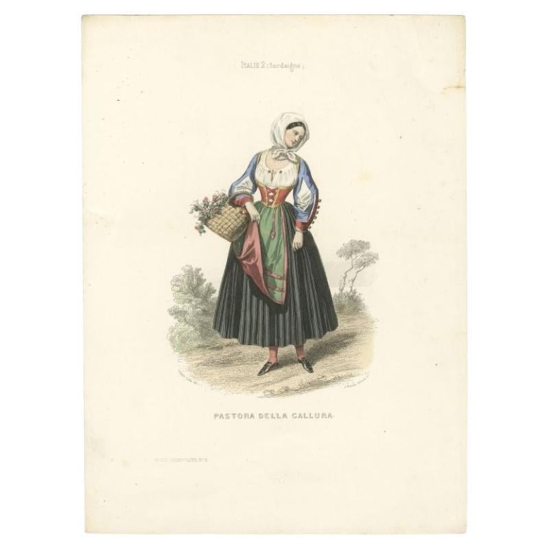 Antique Print of a Lady from Gallura in Sardinia, Italy, 1850 In Good Condition In Langweer, NL