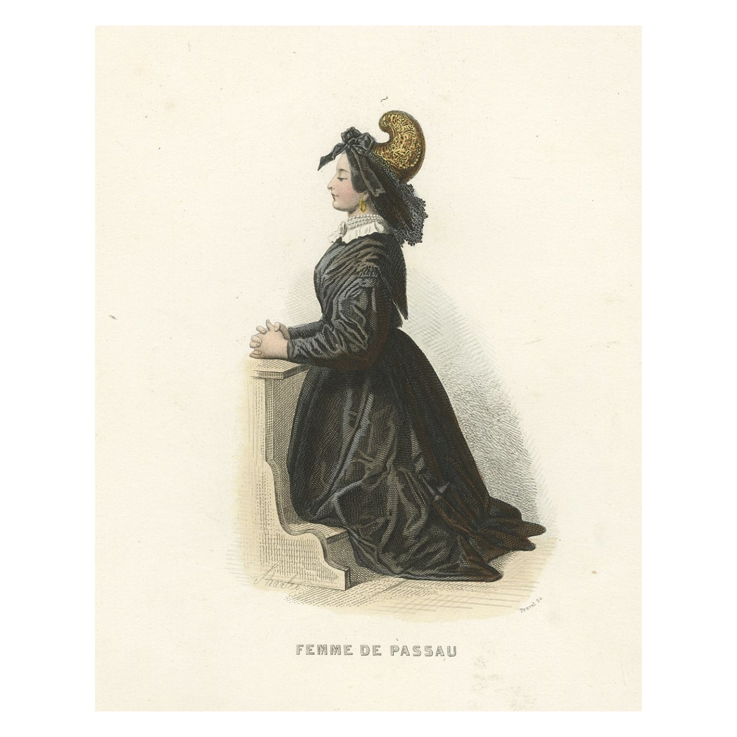 Impression ancienne d'une femme de Passau, ville de la basse Bavière, Allemagne, 1850 en vente