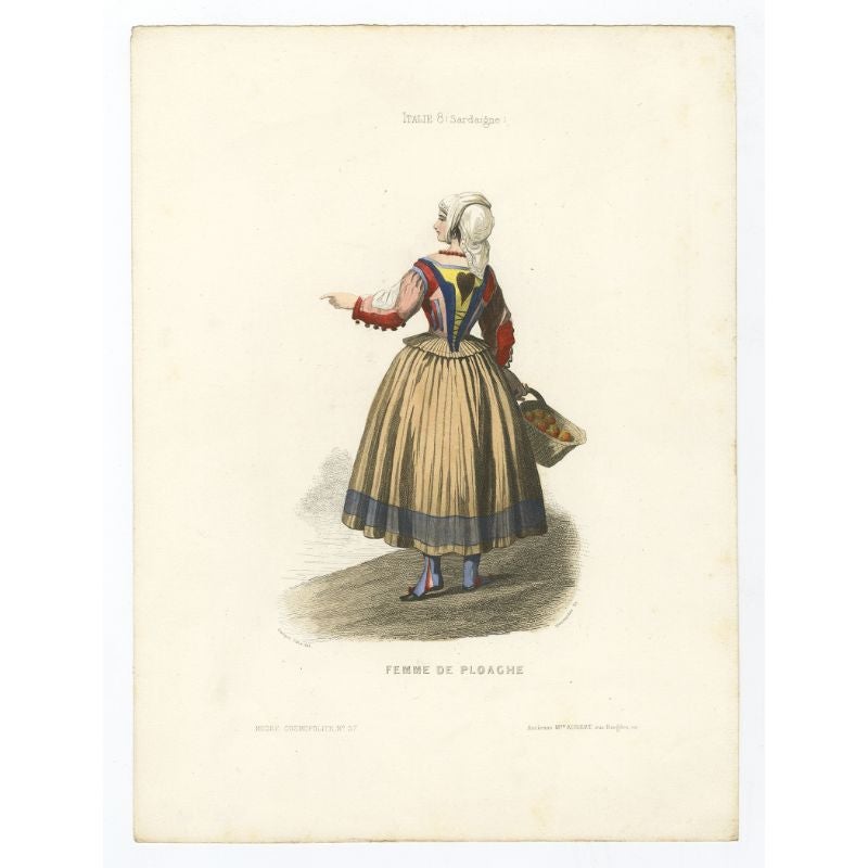 Antique costume print titled 'Femme de Ploaghe'. Old print depicting a lady from Ploaghe, Sardinia, Italy. This print originates from 'Costumes Moderne (Musée de Costumes). 

Artists and Engravers: Published in Paris: Ancienne Maison