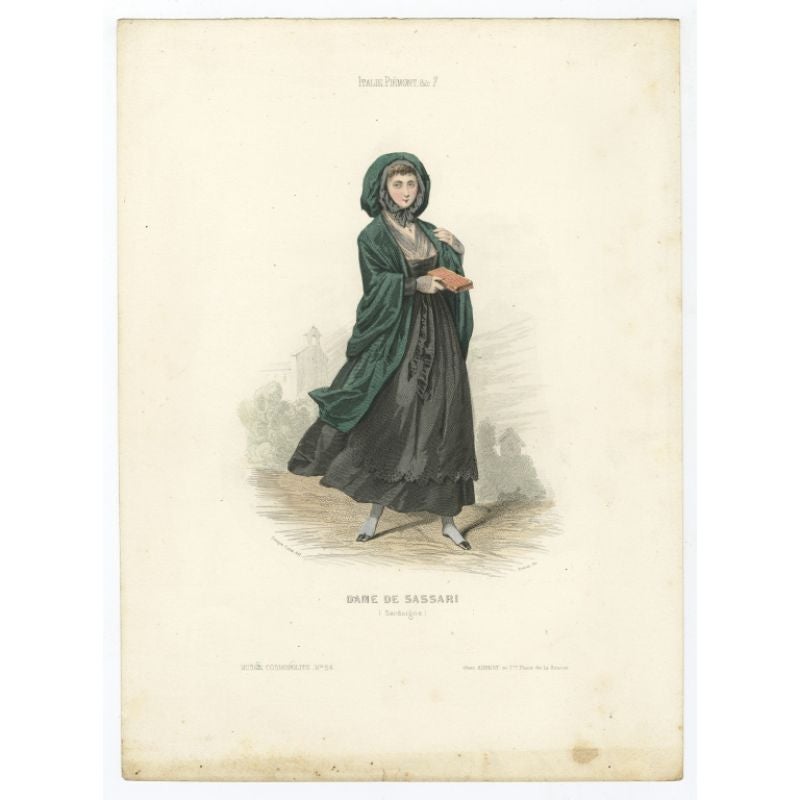 Antique costume print titled 'Dame de Sassari'. Old print depicting a lady from Sassari, Italy. This print originates from 'Costumes Moderne (Musée de Costumes). 

Artists and Engravers: Published in Paris: Ancienne Maison Aubert.

Condition: