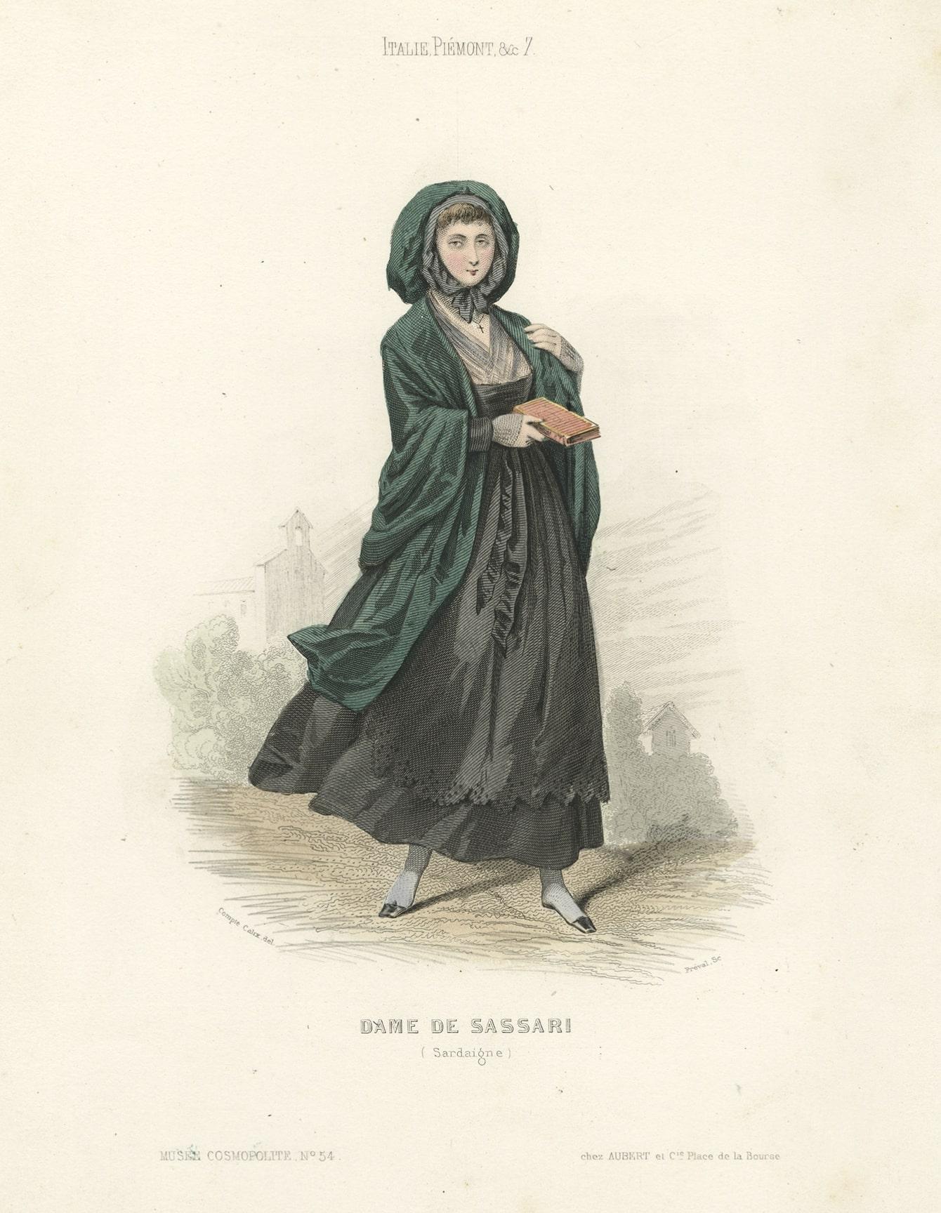 Paper Antique Print of a Lady from Sassari 'Sardinia' in Italy, 1850