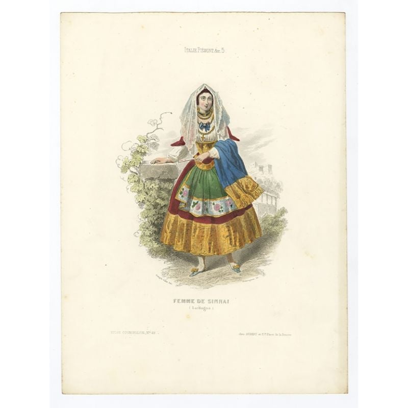 Antique costume print titled 'Femme de Sinnai'. Old print depicting a lady from Sinnai, Italy. This print originates from 'Costumes Moderne (Musée de Costumes). 

Artists and Engravers: Published in Paris: Ancienne Maison Aubert.

Condition: