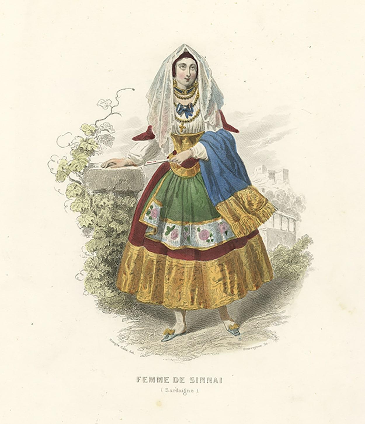 Paper Antique Print of a Lady from Sinnai, Cagliari 'region of Sardinia', Italy, 1850