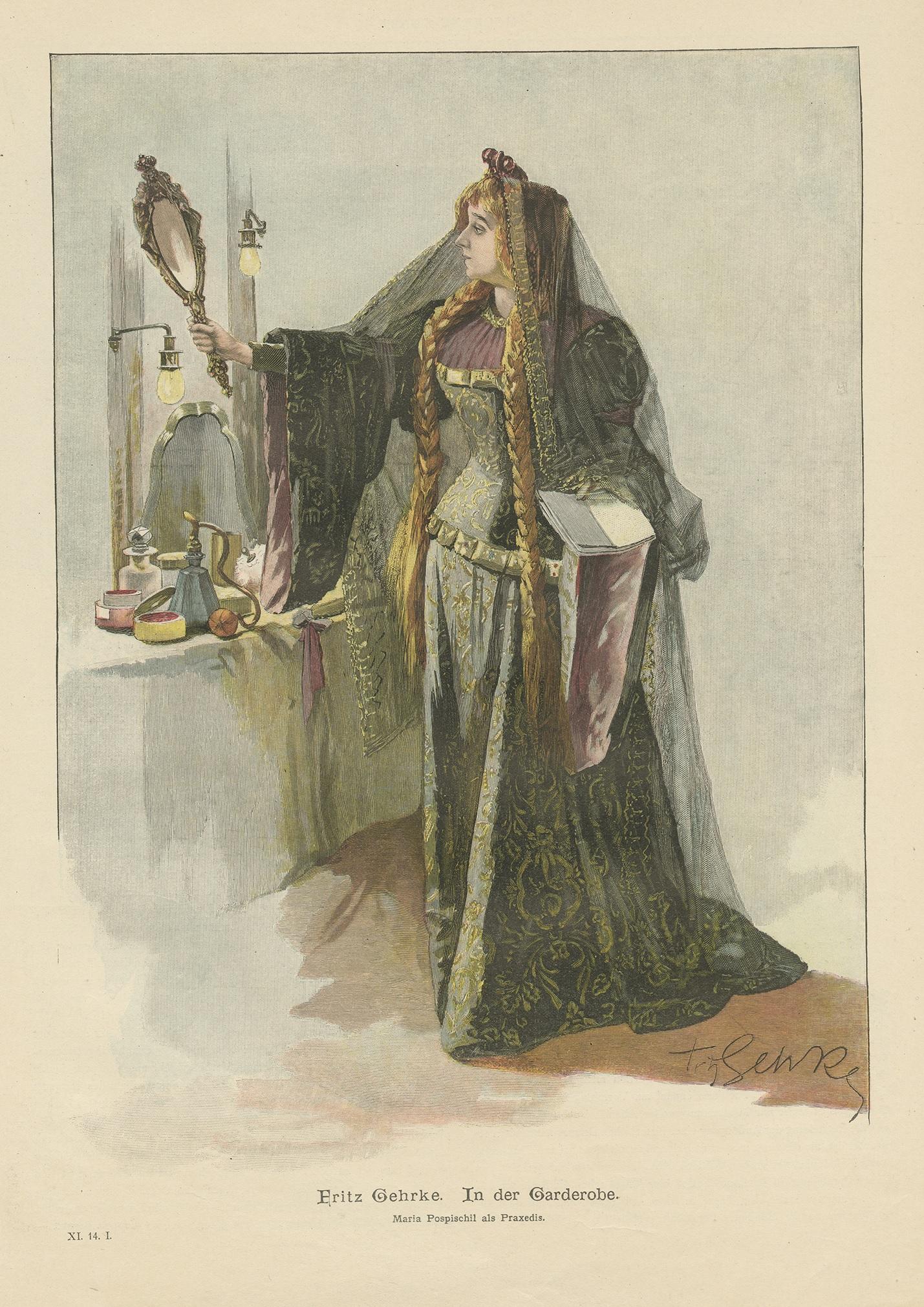 Antique print titled 'Fritz Gehrke. In der Garderobe, Maria Pospischil als Praxedis'. Wood engraving of a lady in a dressing room, made after Fritz Gehrke.
