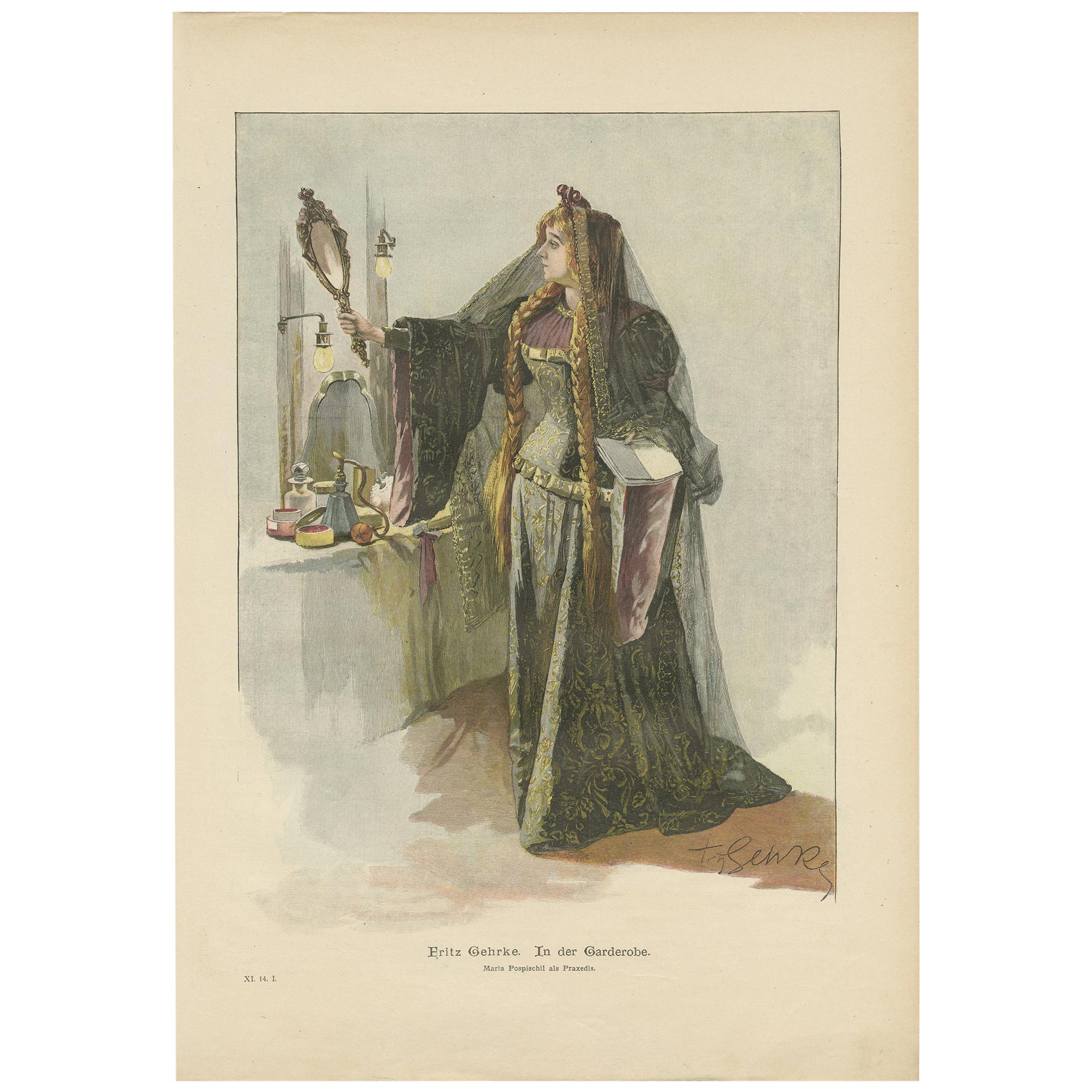 Antiker Druck einer Dame in einem Ankleidezimmer 'um 1900