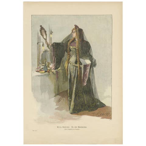 Antique Print of a Lady in a Dressing Room 'circa 1900'