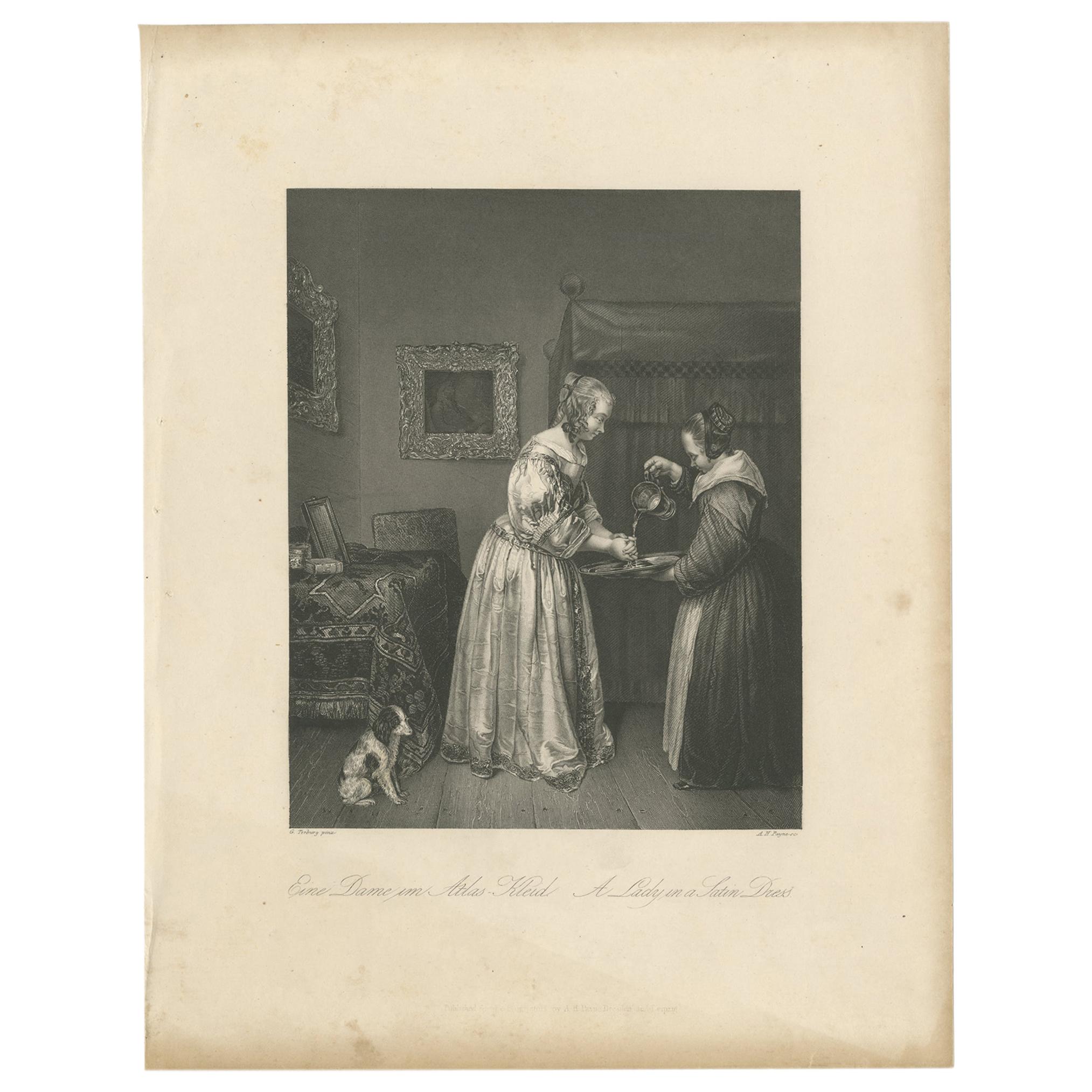 Antique Print of a Lady in a Satin Dress by Payne 'c.1860' For Sale