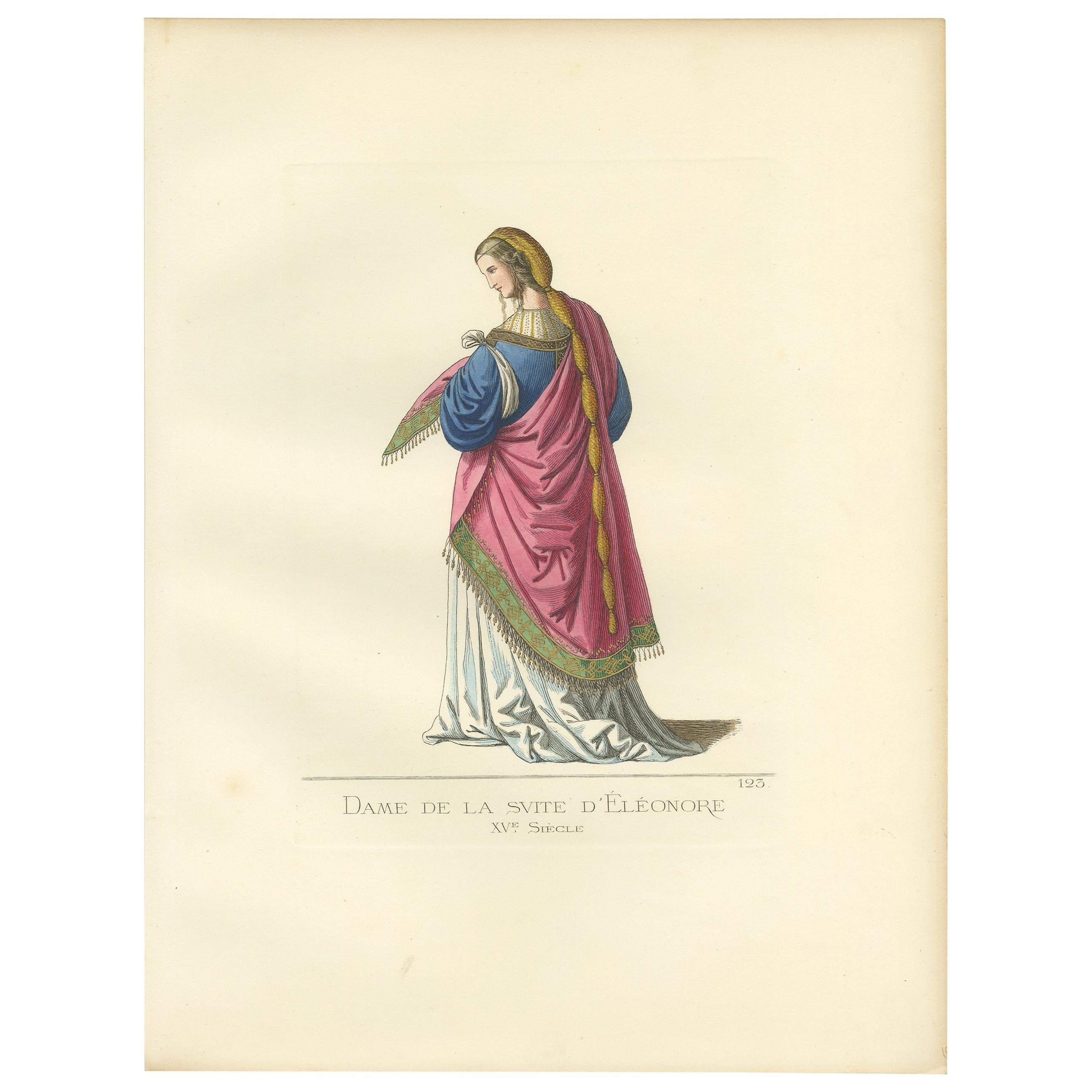 Antique Print of a Lady of Eleanor’s Court, 15th Century, by Bonnard, 1860
