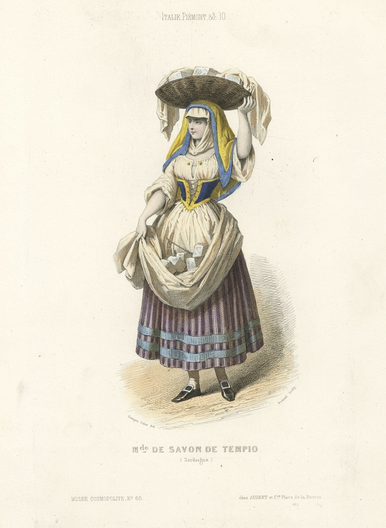 Antique costume print titled 'Madame de Savon de Tempio'. Old print depicting a lady selling soap in Tempio, Sardinia, Italy. This print originates from 'Costumes Moderne (Musée de Costumes). 

Artists and Engravers: Published in Paris: Ancienne