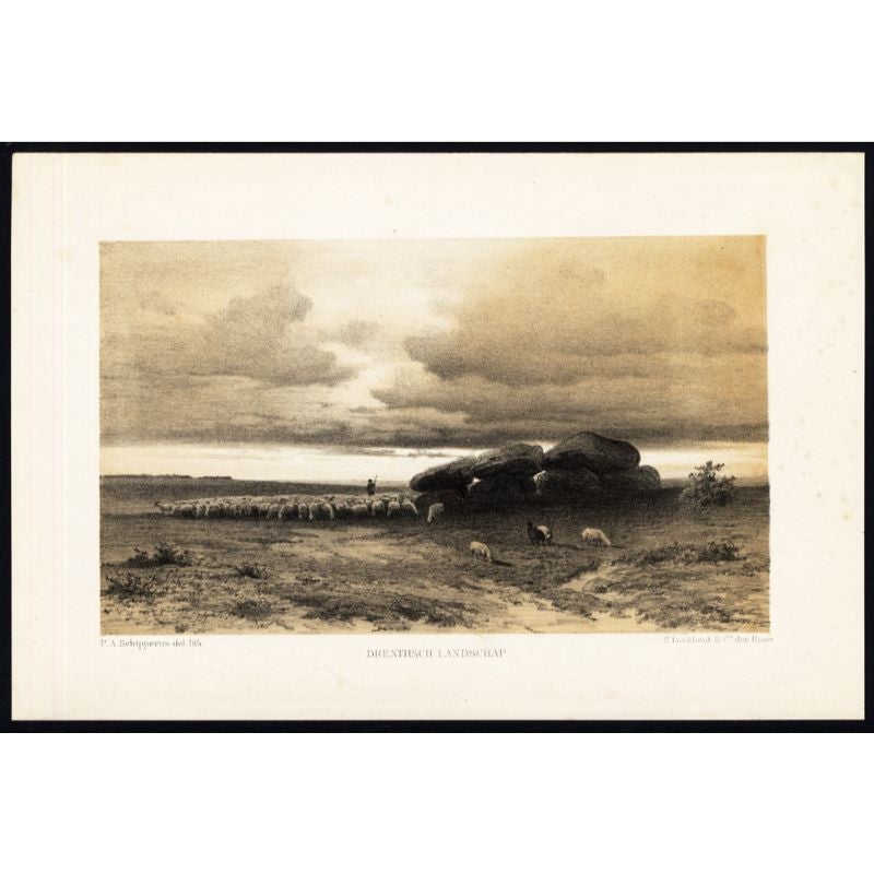 Antique Print of a Landscape in Drenthe with Sheep and a Hunnebed, 1880 For Sale