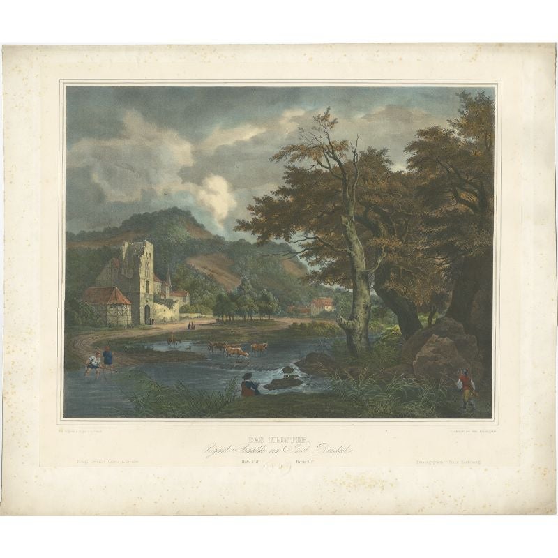 Antique print titled 'Das Kloster'. Lithograph, on chine collé, of a landscape with a shepherd and his cattle crossing a river. 

Artists and Engravers: Made after C. Straub. 

Condition: Good, general age-related toning. Minor wear and foxing.