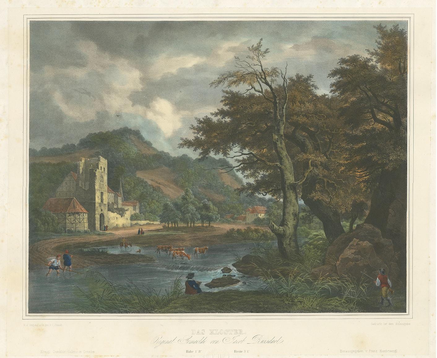 Antique print titled 'Das Kloster'. Lithograph, on chine collé, of a landscape with a shepherd and his cattle crossing a river. Made after C. Straub. Published circa 1840.