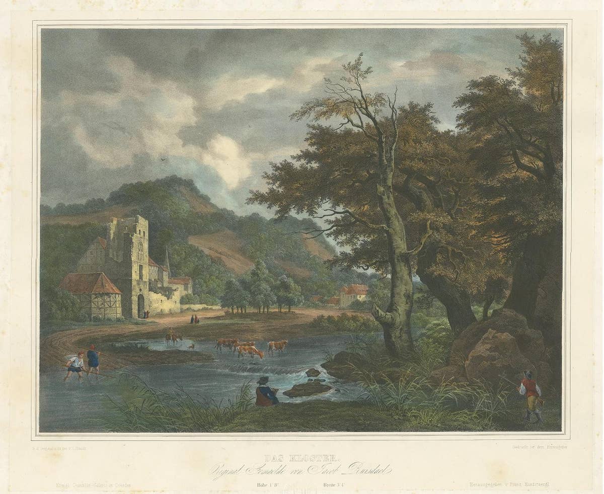 Antique Print of a Landscape with a Shepherd and Cattle, circa 1840