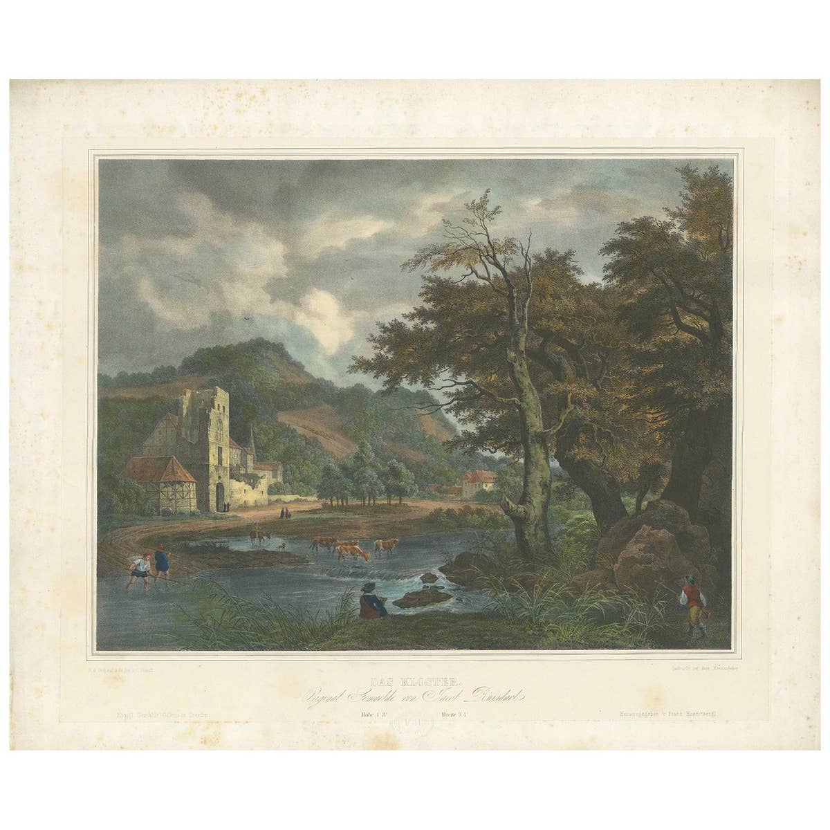 Antique Print of a Landscape with a Shepherd and Cattle, circa 1840