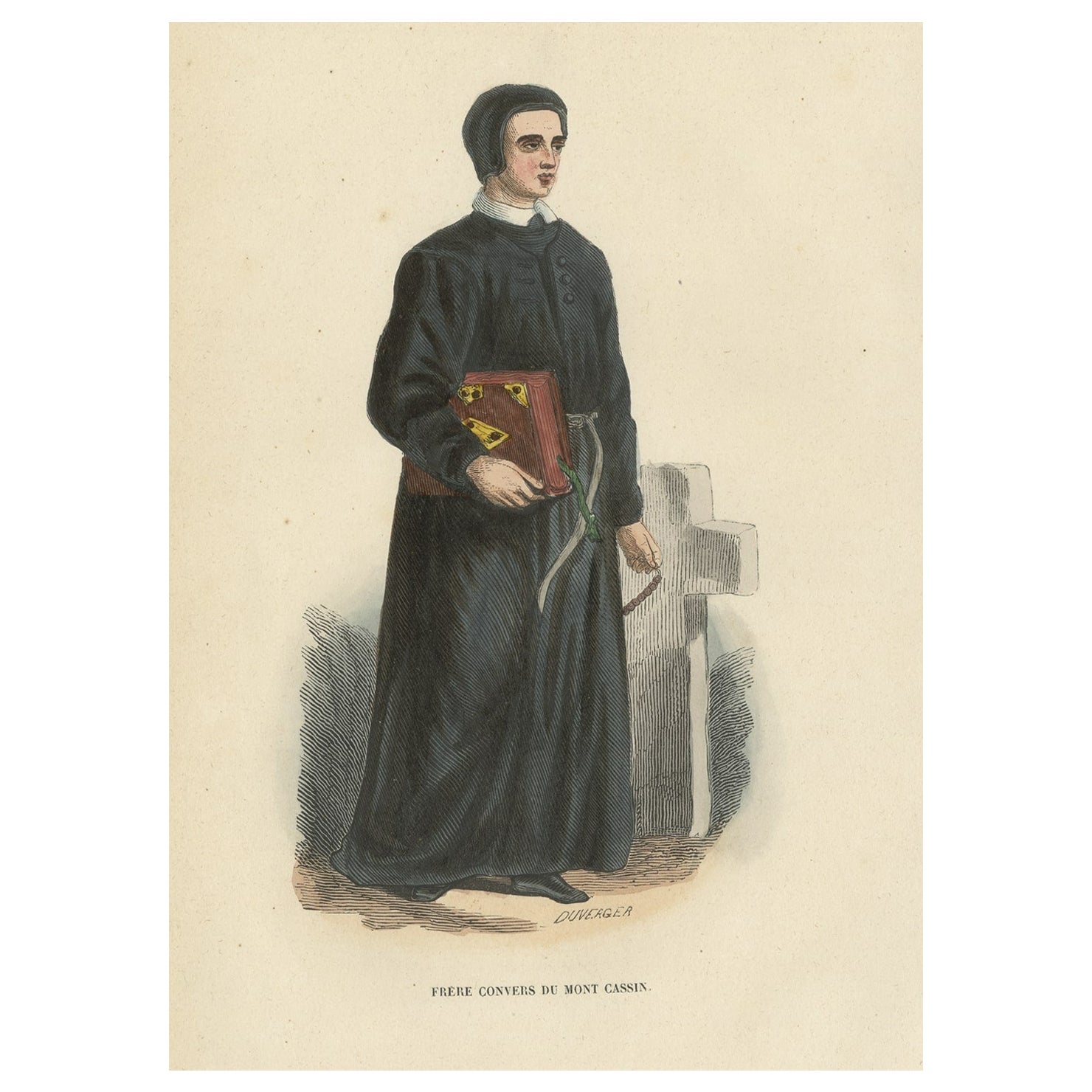 Impression ancienne d'un frère laïque de l'Ordre de Monte Cassino, Italie, 1845 en vente