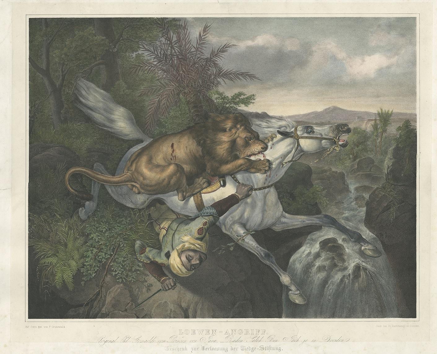 Antique print titled 'Loewen-Angriff'. Large print depicting a lion attacking a horse. Made after a painting by Raden Saleh. Raden Saleh Sjarif Boestaman was a pioneering Indonesian Romantic painter of Arab-Javanese ethnicity. He was considered to