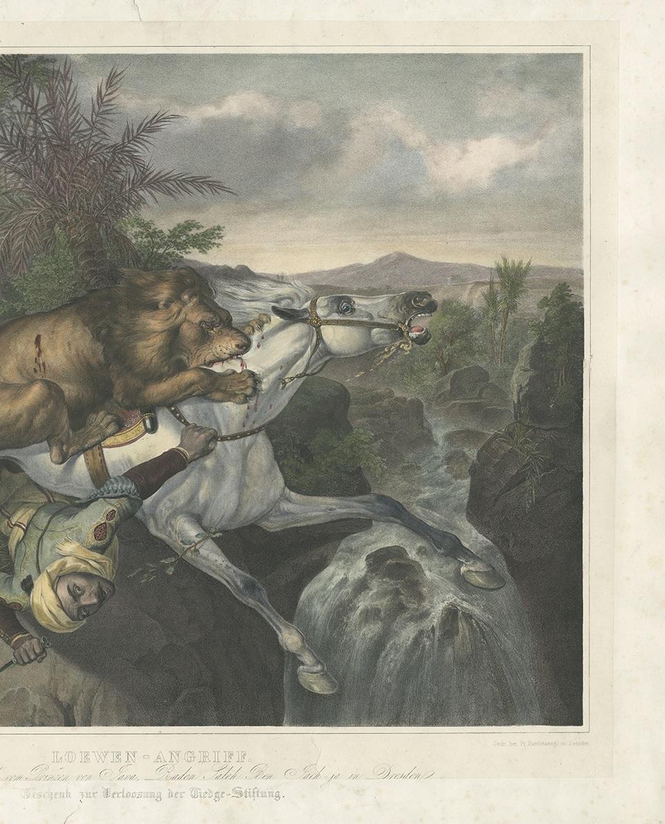Antique Print of a Lion Attack Made after Raden Saleh, circa 1850 In Good Condition In Langweer, NL