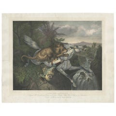 Antique Print of a Lion Attack Made after Raden Saleh, circa 1850