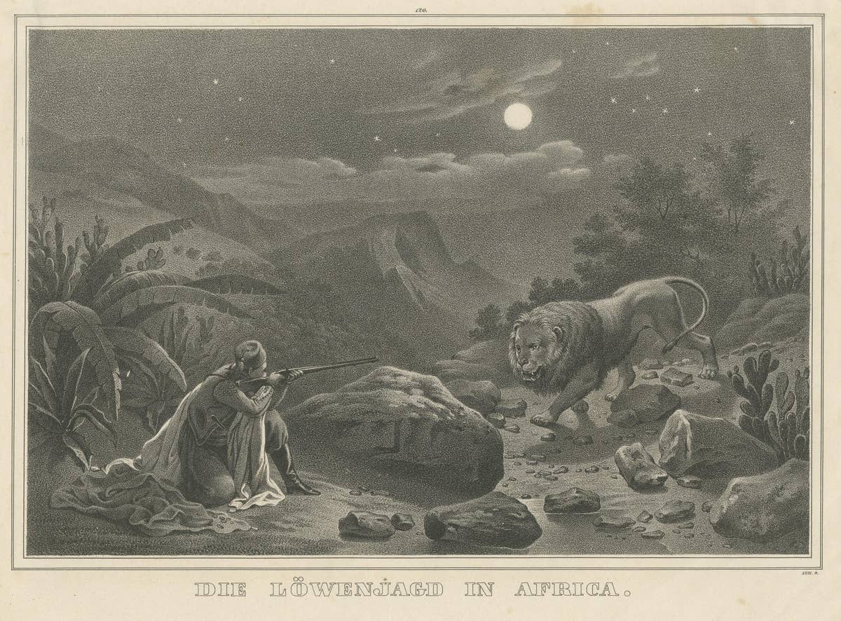 Antique Print of a Lion Hunt in Africa