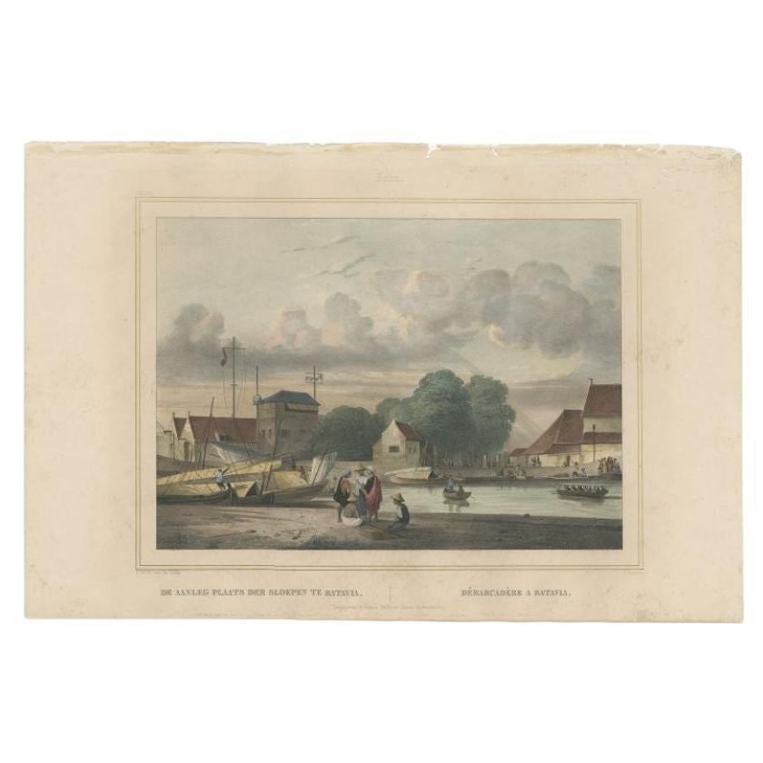 Antique Print of a Loading Dock in Batavia, Dutch East Indies, 1844 For Sale