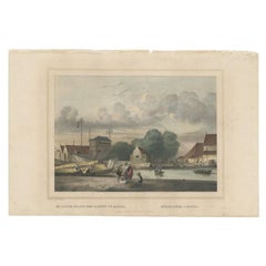 Gravure ancienne d'un quai de chargement à Batavia, Indes orientales néerlandaises, 1844