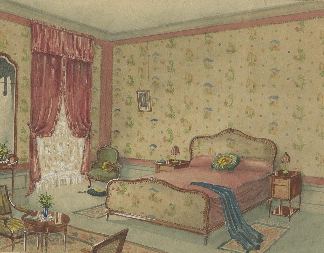 Antique print of a Louis XV style bedroom interior design. This print is hand colored with white highlights. The title below reads 'Projet de Chambre Louis XV pour Madame Henrion'. On the verso, part of a stamp can be found which reads 'Rue St.