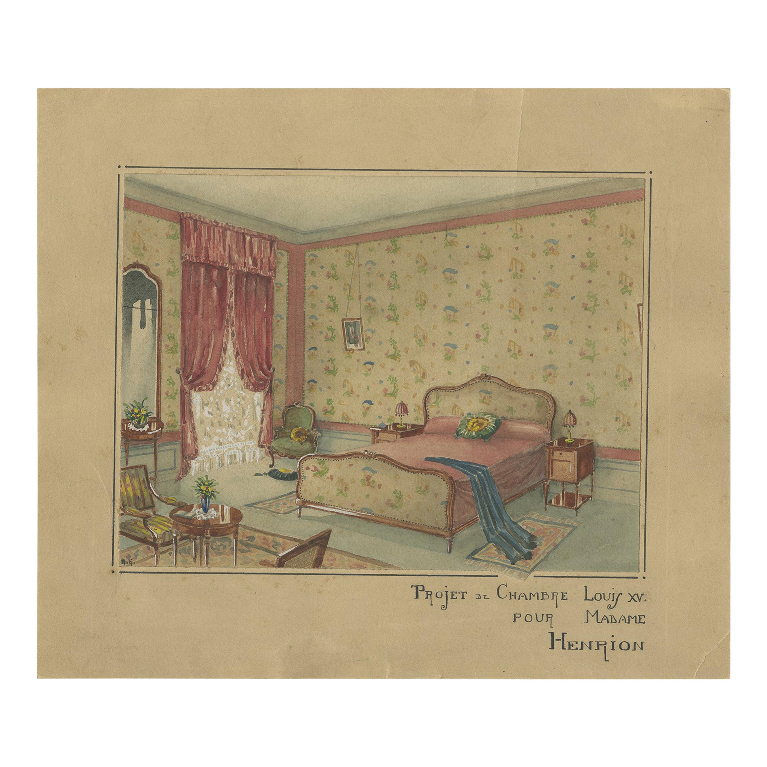 Antique Print of a Louis XV style Bedroom Interior Design, circa 1900 For Sale