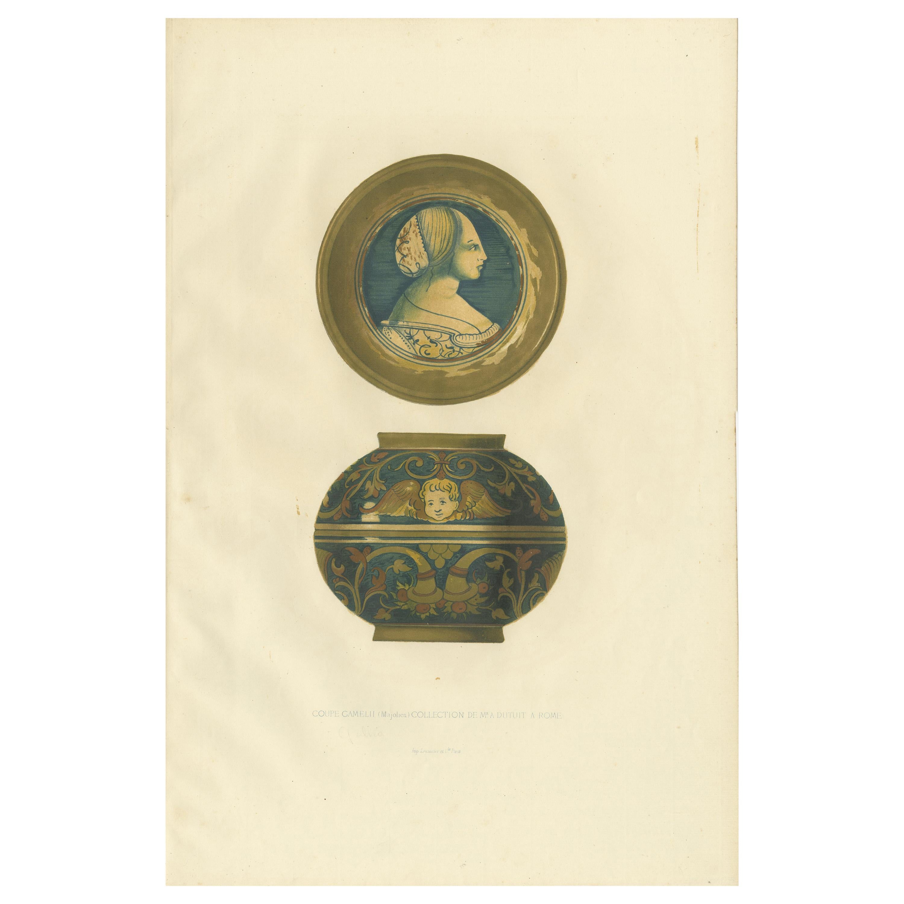 Antique Print of a Majolica Coupe of Mr. Dutuit in Rome by Delange '1869' For Sale