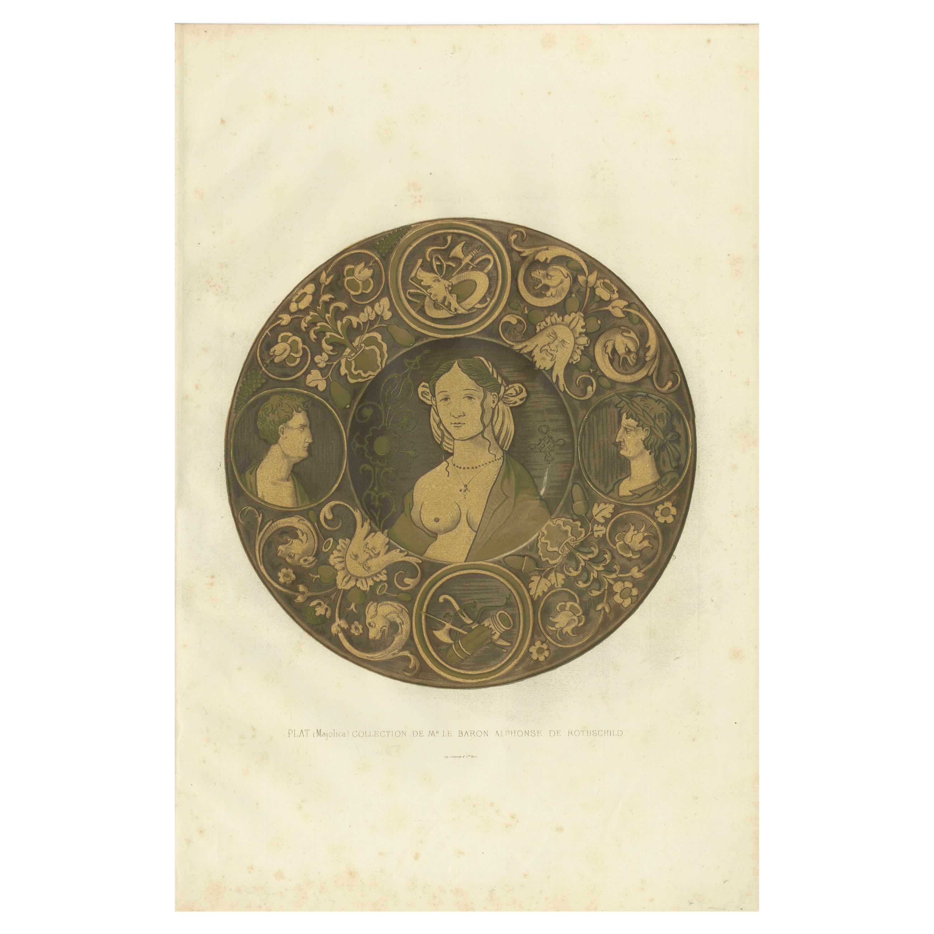 Antique Print of a Majolica Plate of Alphonse de Rothschild by Delange '1869' For Sale