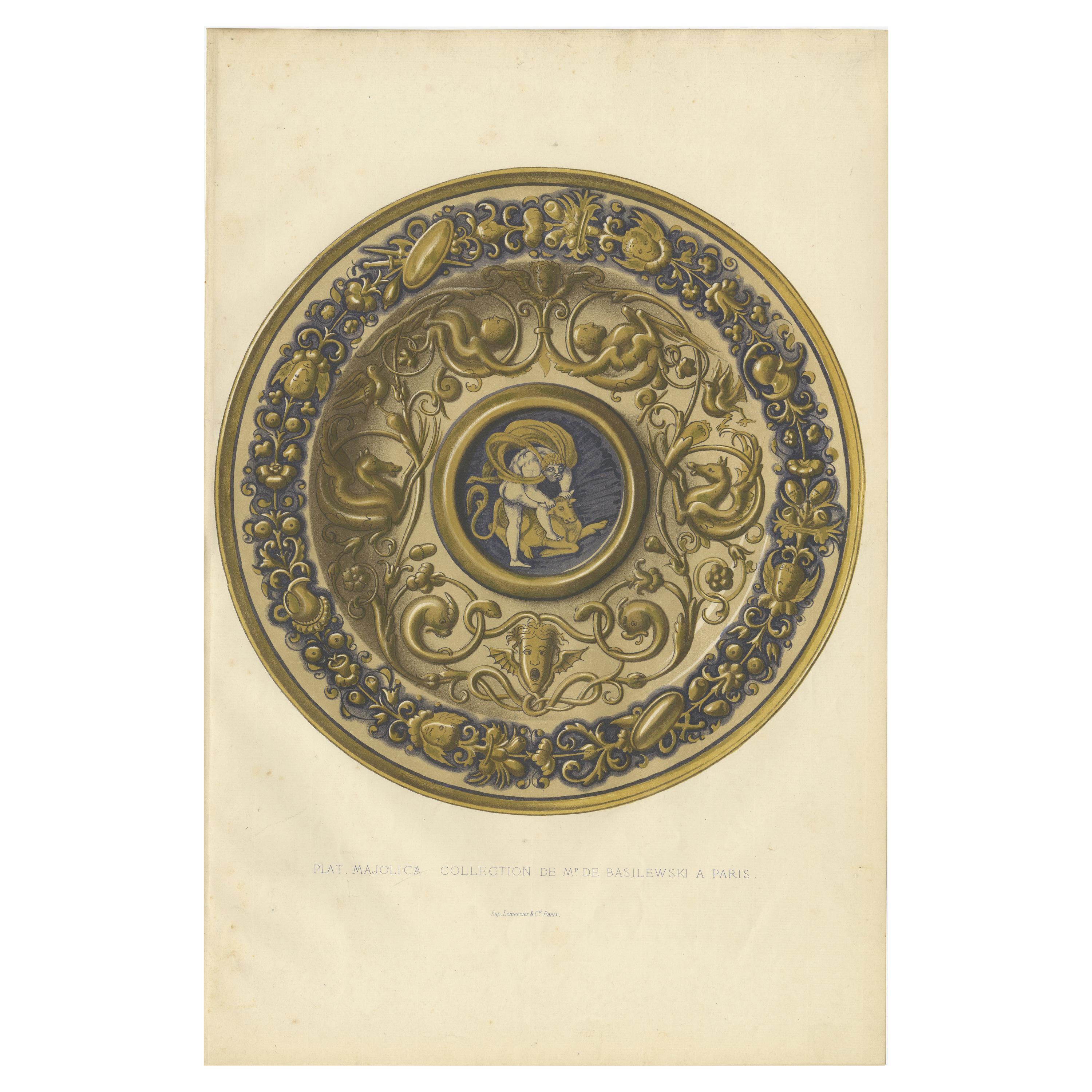 Antique Print of a Majolica Plate of Mr. de Basilewski by Delange '1869' For Sale