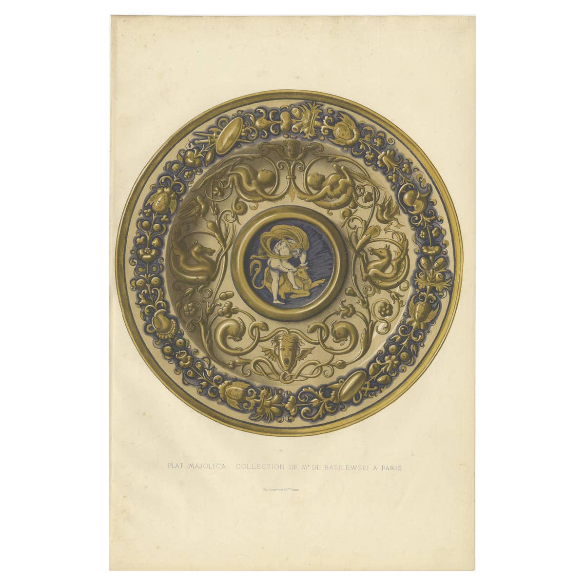 Antique Print of a Majolica Plate of Mr. de Basilewski by Delange '1869'