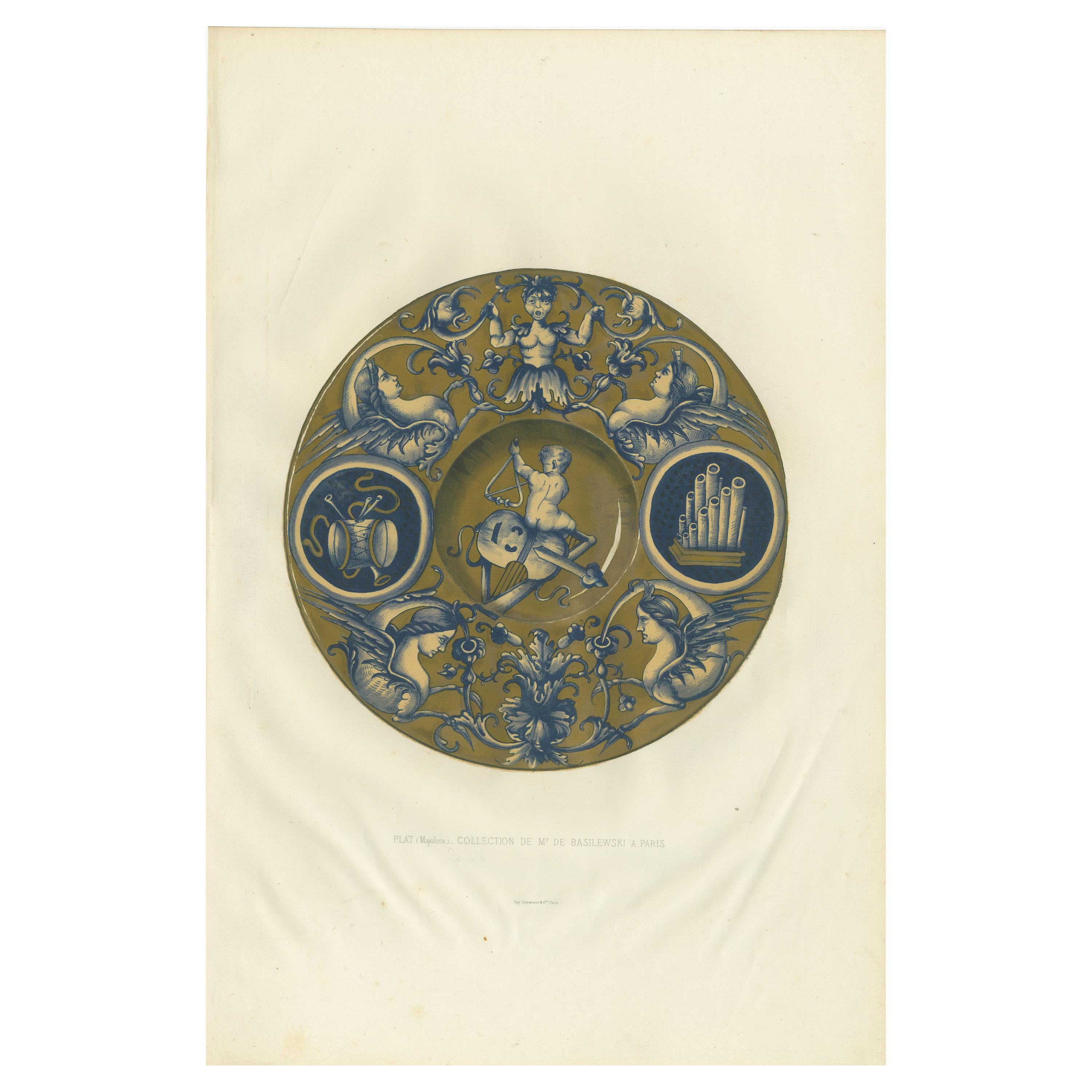 Antique Print of a Majolica Plate of Mr. de Basilewski by Delange '1869'